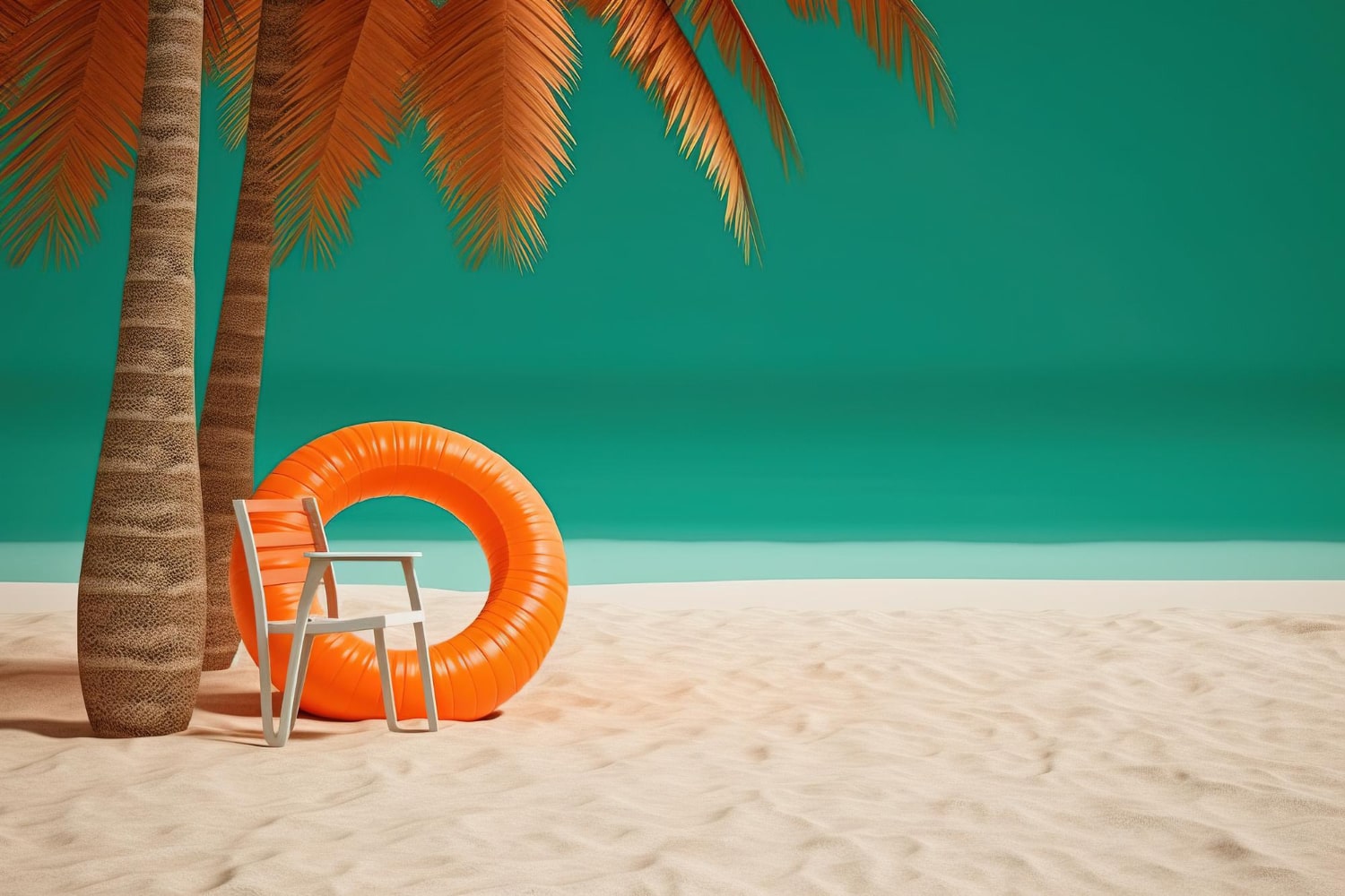 Dwie palmy na plaży przy których stoi krzesło i koło kąpielowe. W oddali widać morze. 